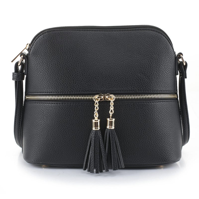 SG SUGU Lunar Lightweight Medium Dome Crossbody Bag Shoulder Bag with Double Tassels | Zipper Pocket | Adjustable Strap|Black - Image 1