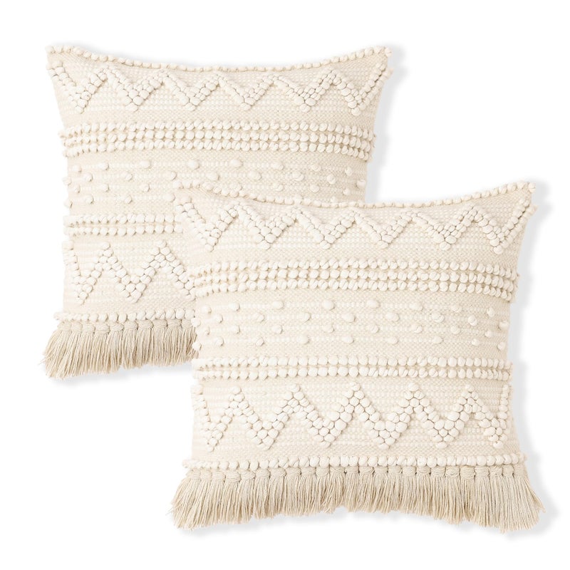 Red Earth REDEARTH Â· Boho Textured Throw Pillow Cushion Covers - Woven Tufted Decorative Farmhouse Cases Set for Couch - Bed - Chair - Dining - Patio - Outdoor - 100% Cotton (18"x18" - Natural) Pack of 2 - Image 1