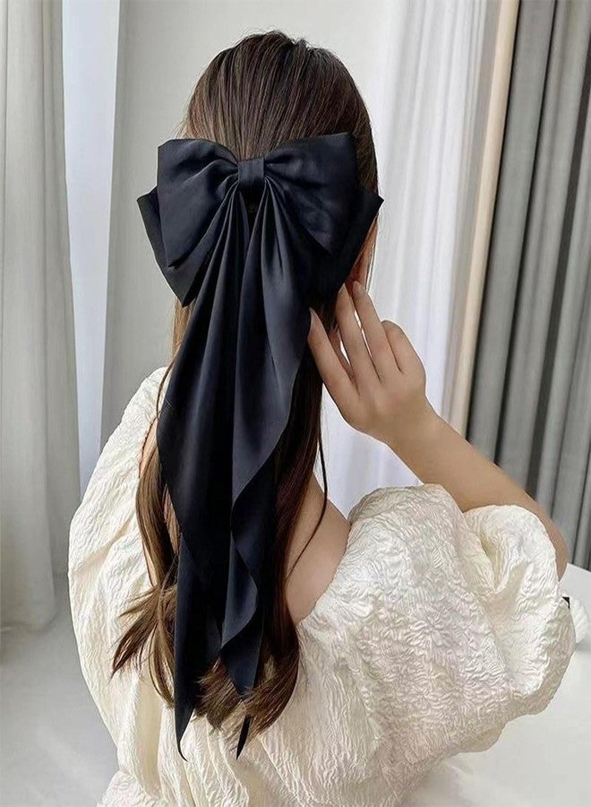 MIKONIKO مشابك شعر ميكونيكو كبيرة مزينة بفيونكات للنساء، دبابيس شعر طويلة مزينة بفيونكات، دبابيس شعر من الساتان الناعم الحريري، مشابك شعر معدنية، مشابك شعر فرنسية، مشابك شعر لطيفة، هدايا للنساء والفتيات (أسود) - Image 3