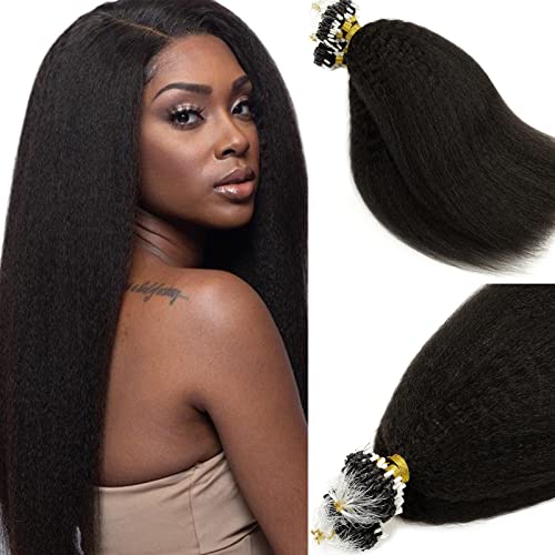Caliee Micro Loop Real Human Hair Extensions Kinky Straight Natural Black Brazilian Remy Hair Extension for Black Women 20 Inch Micro Beads Hair Extensions Natural Hair 1B Color 50g 1gs 50s - Image 2