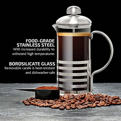 OVENTE French Press Coffee Maker 12 Ounce with Heat Resistant Borosilicate Glass, Stainless Steel Design and 4-Level Filter System, Portable Cold Brewer Pot for Travel, Camping or Gift, Silver FSH12S - Image 2