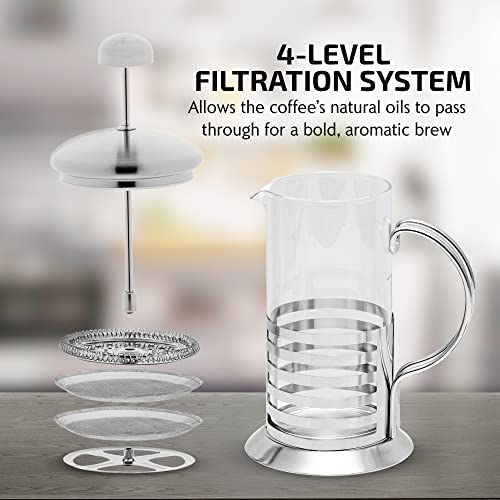 OVENTE French Press Coffee Maker 12 Ounce with Heat Resistant Borosilicate Glass, Stainless Steel Design and 4-Level Filter System, Portable Cold Brewer Pot for Travel, Camping or Gift, Silver FSH12S - Image 3