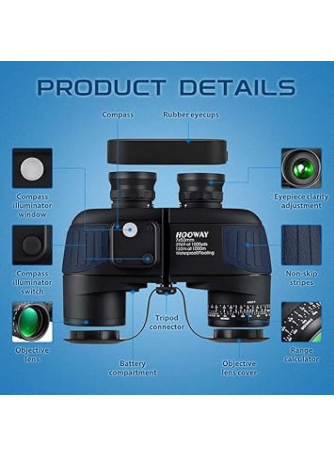 مناظير بحرية عسكرية مقاومة للماء والضباب، مناظير 7×50 مع محدد نطاق داخلي وبوصلة للملاحة وركوب القوارب ومشاهدة الطيور (أزرق) - Image 2