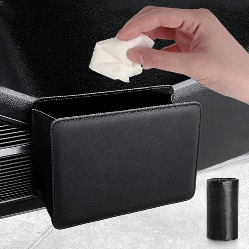 Accmor Car Trash Can, Leather Vehicle Trash Bin Car Dustbin Garbage Organizer Holder with 30 Pcs Trash Bags, Foldable Hanging Mini Cars Storage Bag Container for Auto, SUV (Black) - Image 1