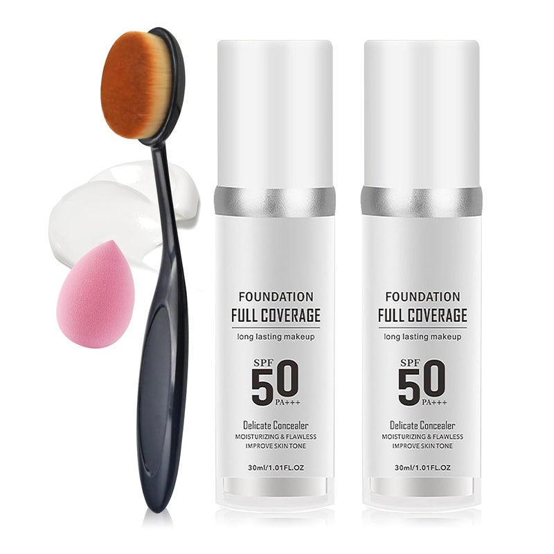 2PCS Color Changing Foundation Makeup Set Full Coverage Liquid Makeup Foundation with Brush Moisturizing Oil Control Foundation Color Changing Makeup Waterproof Matte Concealer with Makeup Sponge