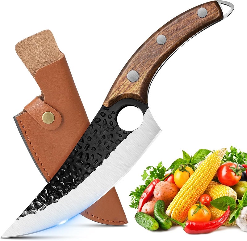 zeng Butcher Knife Hand Forged Boning Knife with Sheath Viking Style, High Carbon Steel Japanese Chef Knife Meat Cleaver Knife for Kitchen, Camping, Outdoor, BBQ - Image 1