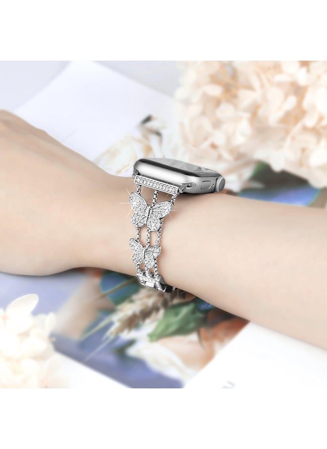 O Ozone - Diamond Metal Watch Band For Apple Watch Series 10 9 8 7 6 5 4 SE, 38/40/41/42mm Bling Butterfly Bracelet Straps Girls- Silver - Image 1