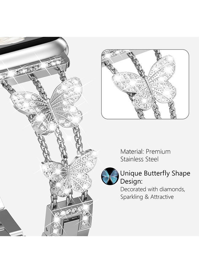 O Ozone - Diamond Metal Watch Band For Apple Watch Series 10 9 8 7 6 5 4 SE, 38/40/41/42mm Bling Butterfly Bracelet Straps Girls- Silver - Image 1