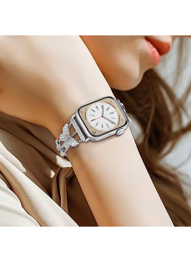 O Ozone - Diamond Metal Watch Band For Apple Watch Series 10 9 8 7 6 5 4 SE, 38/40/41/42mm Bling Butterfly Bracelet Straps Girls- Silver - Image 1