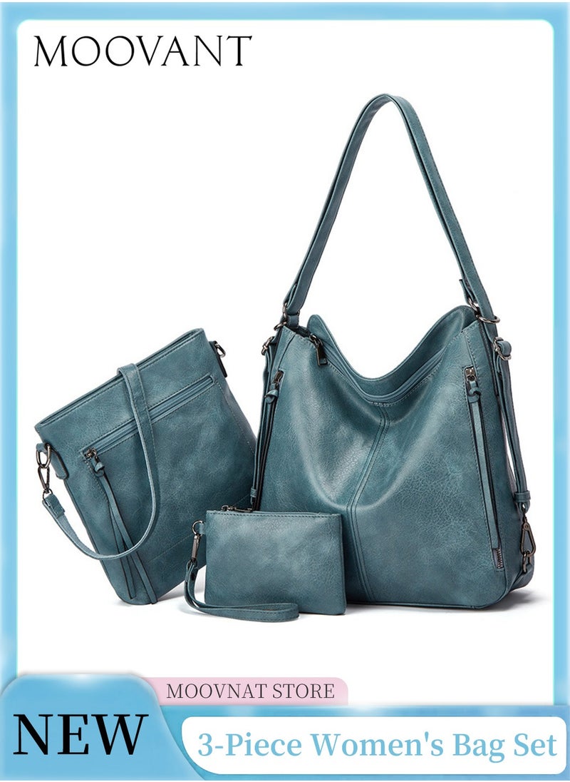 Moovant - 3 Pieces Fashion Women's Tote Bag Set, Soft PU Leather Backpack Purse, Casual Crossbody Bag, Large Capacity Shoulder Bag, Portable Handbag, Leisure Versatile Commuting Bag Set, Blue - Image 1