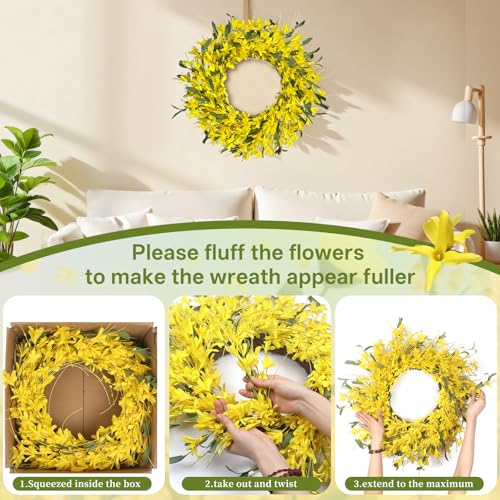 LOKEISNA Yellow forsythia Door Wreath, 24 Inch Summer Wreaths for Front Door Outside, Hand Made Artificial Forsythia Flower Wreath for Front Door Window Wall Farmhouse Home Gift - Image 4