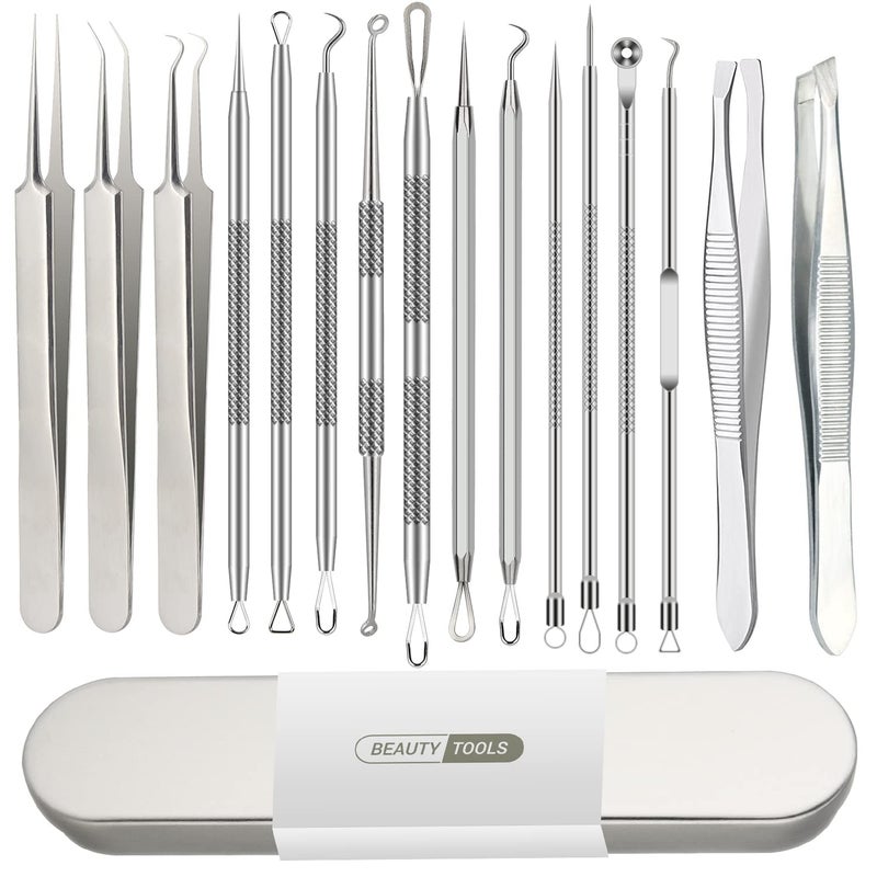 16 Pcs Pimple Popper Kit Blackhead Remover Acne Extractor Tool Professional Stainless Steel Tweezers for Eyebrows Pimples Blemishes Tools for Beauty Salons