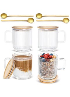 HOOKOR Glass Coffee Mugs, Espresso Cups Set of 4 for Coffee Bar Accessories, Clear Coffee Mug, 330ML Glass Coffee Cups with Lids and Spoon, Cute Ribbed Glassware Set for Latte, Cappuccino  - Image 1
