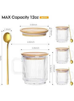 HOOKOR Glass Coffee Mugs, Espresso Cups Set of 4 for Coffee Bar Accessories, Clear Coffee Mug, 330ML Glass Coffee Cups with Lids and Spoon, Cute Ribbed Glassware Set for Latte, Cappuccino  - Image 2