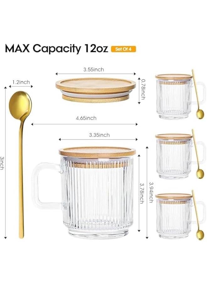 HOOKOR Glass Coffee Mugs, Espresso Cups Set of 4 for Coffee Bar Accessories, Clear Coffee Mug, 330ML Glass Coffee Cups with Lids and Spoon, Cute Ribbed Glassware Set for Latte, Cappuccino  - Image 2