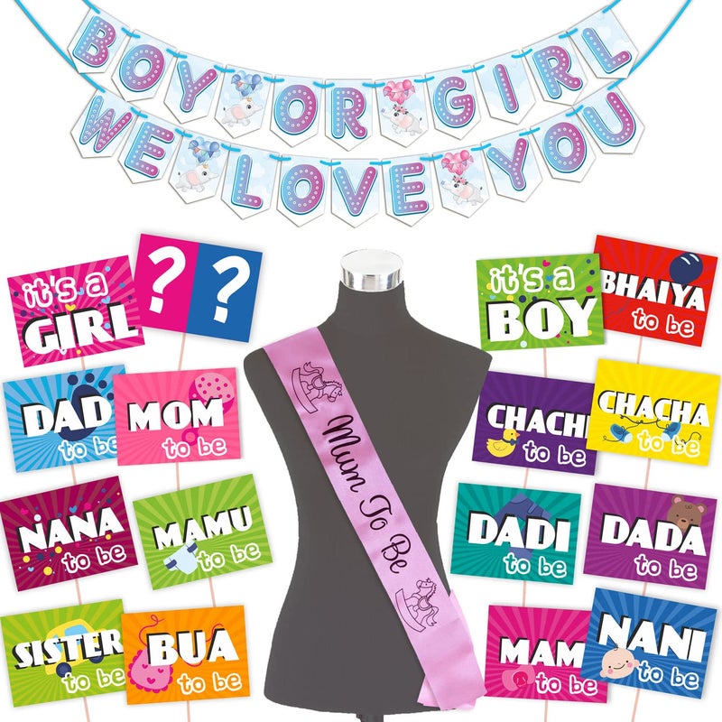 WOBBOX WOBBOX Baby Shower Combo of Party Props 16 Pcs & Boy Or Girl We Love You Bunting Banner, with Mum to be Light Pink Sash, Baby Shower Decoration Item (Pack of 3)  - Image 1