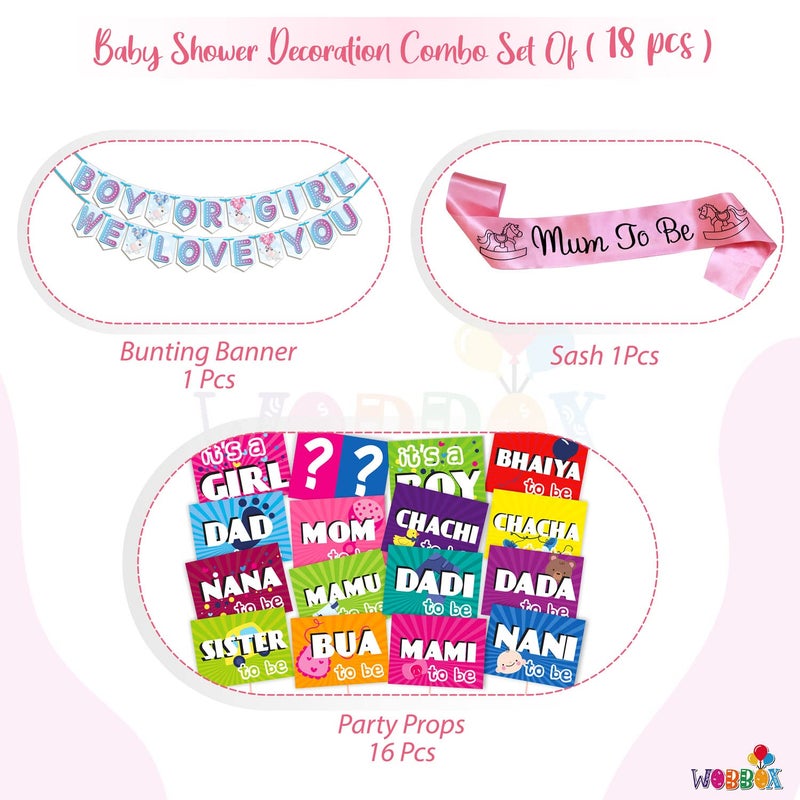 WOBBOX WOBBOX Baby Shower Combo of Party Props 16 Pcs & Boy Or Girl We Love You Bunting Banner, with Mum to be Light Pink Sash, Baby Shower Decoration Item (Pack of 3)  - Image 2