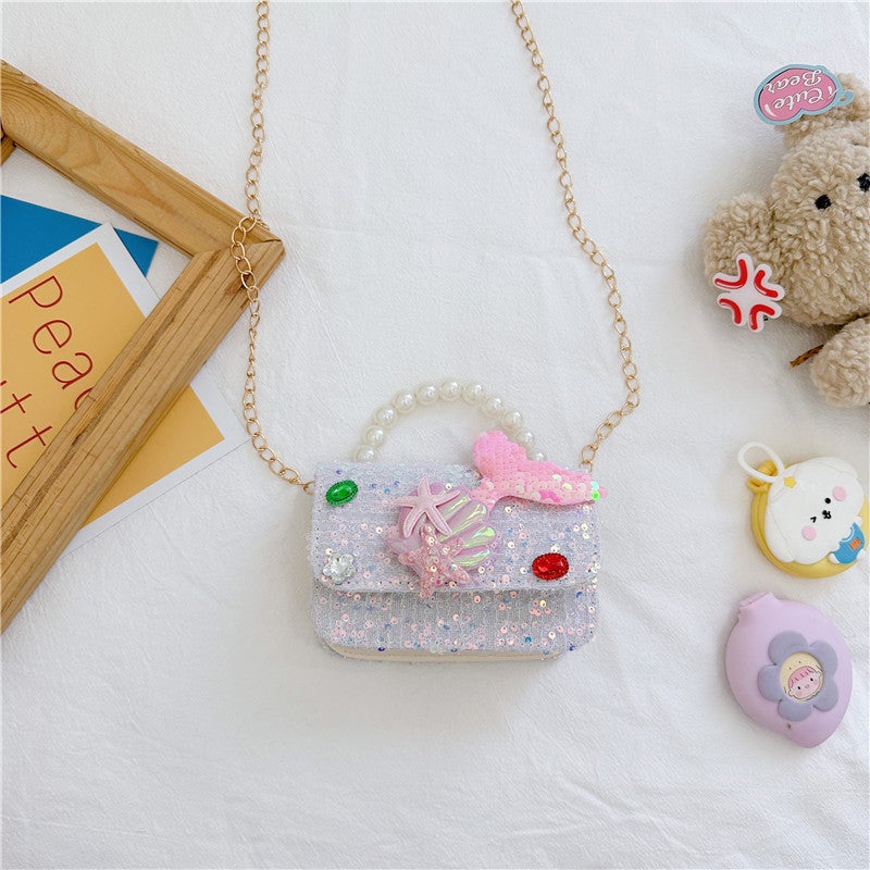 New childrens Chanel style bag fashion Pearl handbag Cartoon Doll shoulder bag girls chain messenger bagStyle one white Style one white 