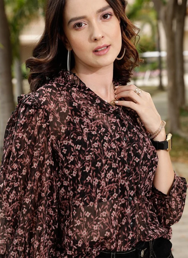 STREET 9 Brown Floral Printed Casual Shirt for Women