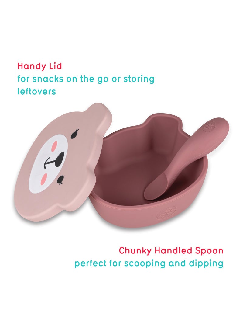 TUM TUM Suction Bowl for Baby, Toddler Bowl with Lid & Spoon, for Babies & Toddlers 6 Months+, BPA Free Silicone Baby Feeding Set, Microwave/Dishwasher/Freezer Safe, Betsy Bear, Pink - Image 2