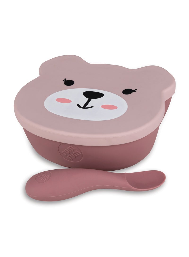 TUM TUM Suction Bowl for Baby, Toddler Bowl with Lid & Spoon, for Babies & Toddlers 6 Months+, BPA Free Silicone Baby Feeding Set, Microwave/Dishwasher/Freezer Safe, Betsy Bear, Pink - Image 1