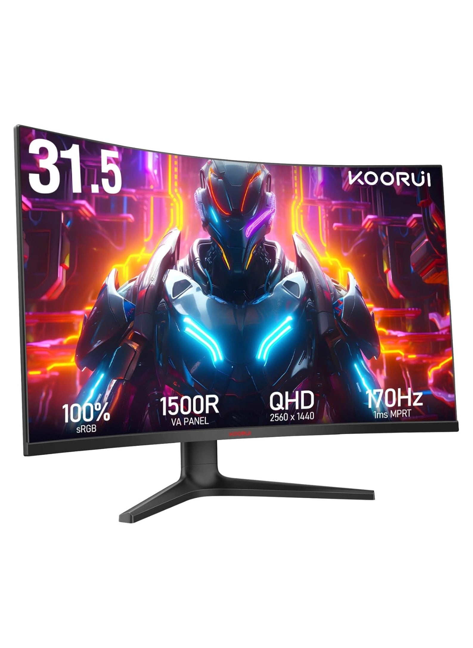 KOORUI 31.5-inch Curved Gaming Monitor, QHD 2560x1440, 3000:1 Dynamic Contrast, 1500R Curved Monitor, VA Panel, up to 170Hz, 1ms, HDMI DisplayPort, Tilt Adjustable, Eye Care, Metal Black, 32E6QC 