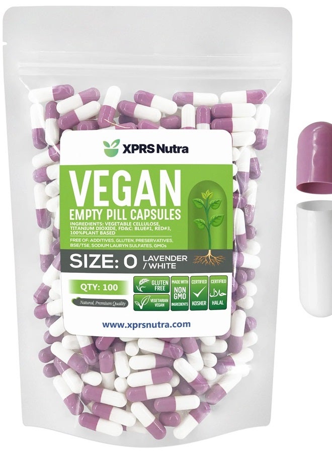 XPRS Nutra Size 0 Empty Capsules - 100 Count Empty Vegan Capsules - Vegetarian Empty Pill Capsules - DIY Vegetable Capsule Filling - Veggie Pill Capsules Empty Caps (Lavender/White) - Image 1