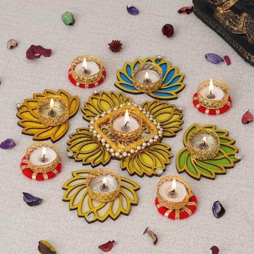 Sanvatsar Home Decorative Lotus Rangoli & Lotus Diya Set | Corporate Gift, Diwali Gift, Diya For Puja Home Decoration Light Diya, New Year Candle Set Of 9(Yellow), Plastic, Floral - Image 3
