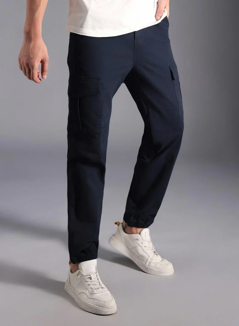High Star navy blue Men's Navy Cotton Blend Solid Pattern Full Length Cargo Straight Fit Trouser for Men | Best Price UAE