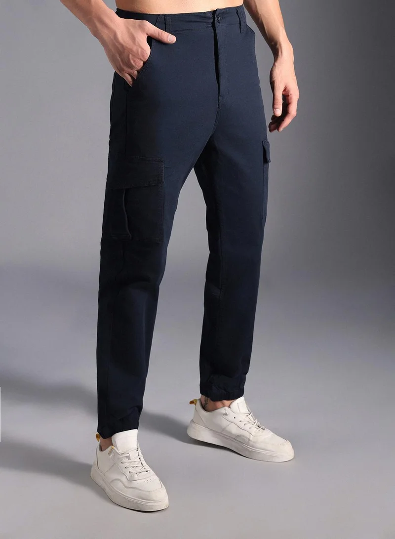 High Star navy blue Men's Navy Cotton Blend Solid Pattern Full Length Cargo Straight Fit Trouser for Men | Best Price UAE