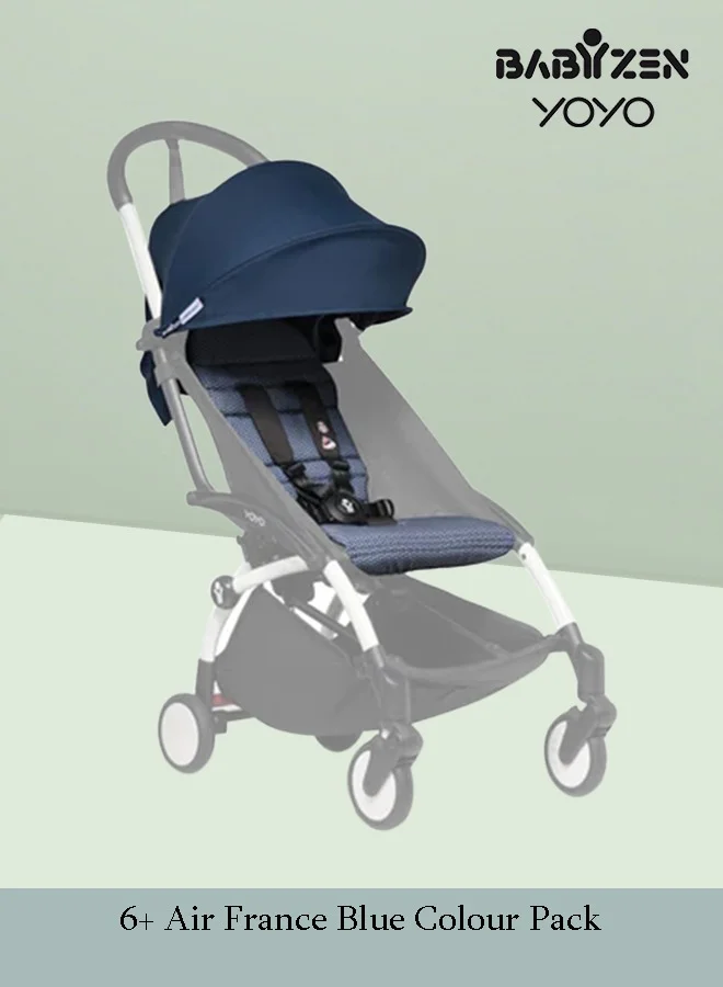 STOKKE Stokke YOYO Stroller, Includes 5‑Point Harness, Backrest, Storage Bag, Seat Cushion, Hood Extenders and Carry Strap, White Frame with Air France Blue 6+ Colour Pack