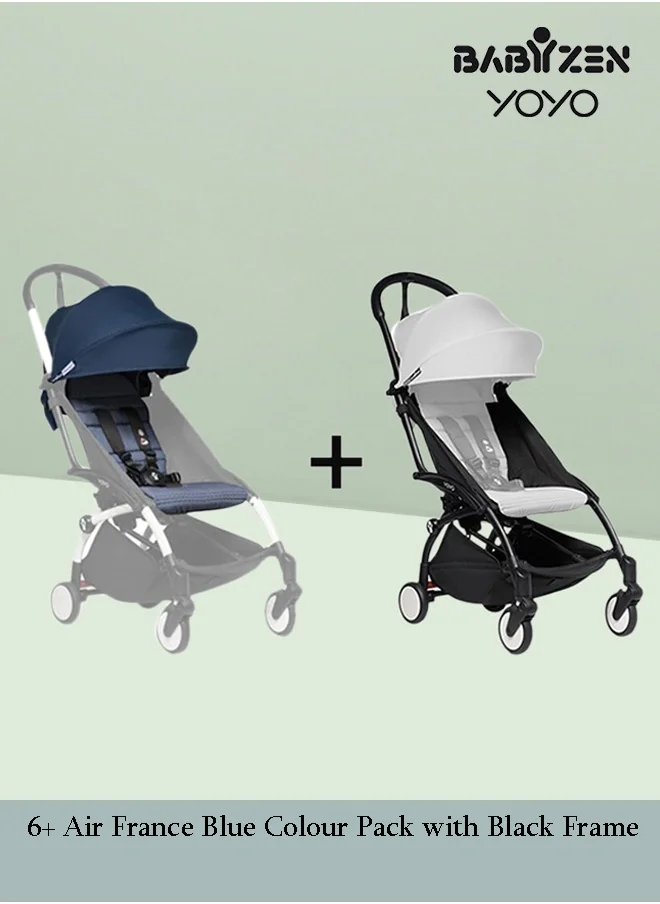 STOKKE Yoyo Stroller Includes Harness, Backrest, Hood Extensions, Shoulder Strap, Storage Bag, Seat Cushion And Matching Canopy (White Frame With Air France Blue 6+ Colour Pack)