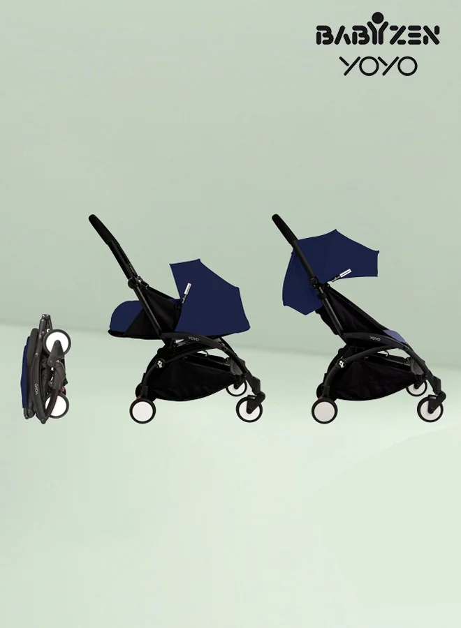 STOKKE Stokke YOYO Stroller, Includes 5‑Point Harness, Backrest, Storage Bag, Seat Cushion, Hood Extenders and Carry Strap, White Frame with Air France Blue 6+ Colour Pack