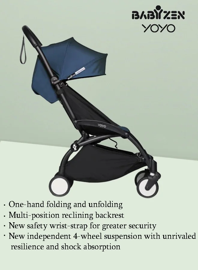 STOKKE Stokke YOYO Stroller, Includes 5‑Point Harness, Backrest, Storage Bag, Seat Cushion, Hood Extenders and Carry Strap, White Frame with Air France Blue 6+ Colour Pack