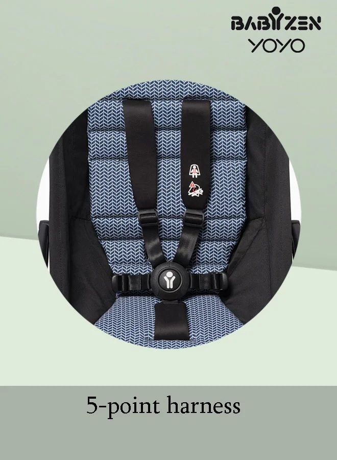 STOKKE Stokke YOYO Stroller, Includes 5‑Point Harness, Backrest, Storage Bag, Seat Cushion, Hood Extenders and Carry Strap, White Frame with Air France Blue 6+ Colour Pack