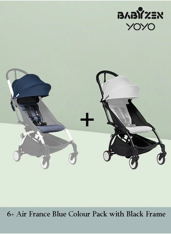 بيبي زين Yoyo Stroller Includes Harness, Backrest, Hood Extensions, Shoulder Strap, Storage Bag, Seat Cushion And Matching Canopy (White Frame With Air France Blue 6+ Colour Pack)