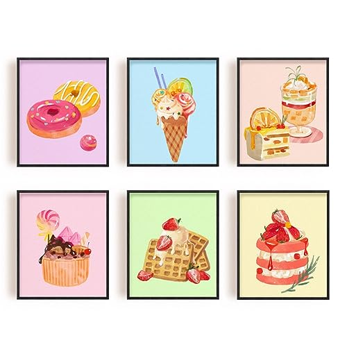 SUPERDANT Wall Art Set of 6 Unframed Canvas Prints Dessert Poster Ice Cream Cake Pink Modern Art Girls Bedroom Decor 20x25cm - Image 1