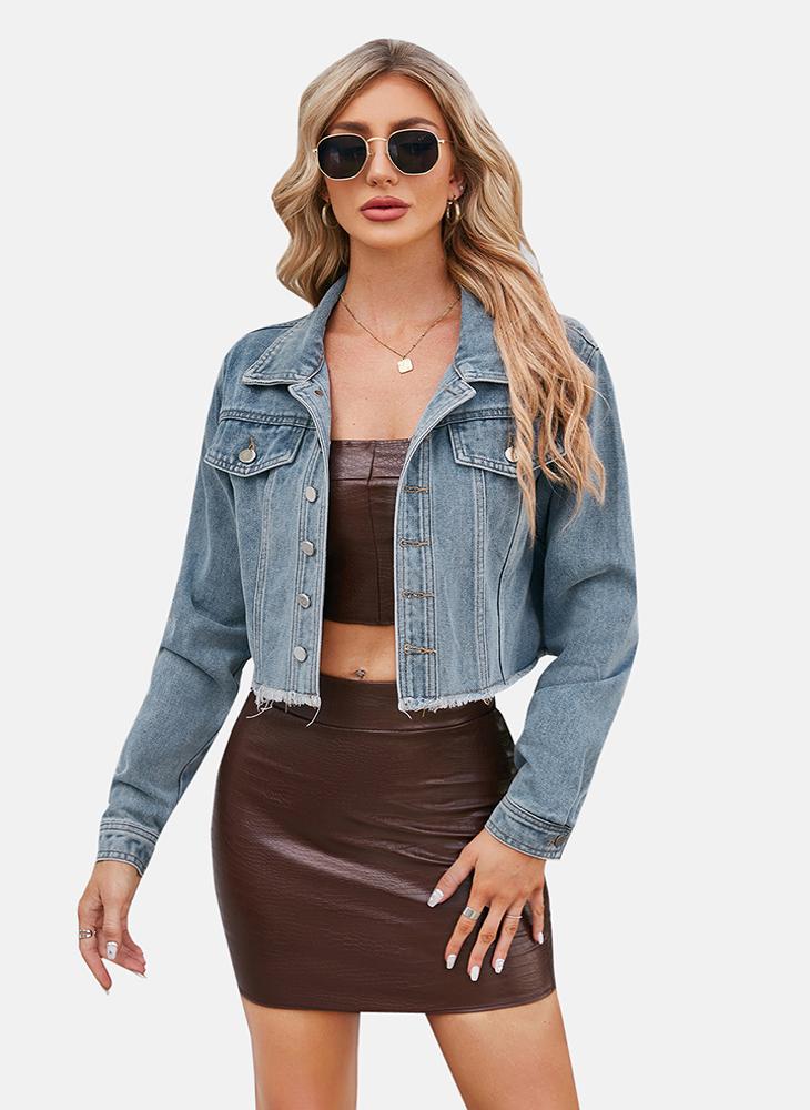 يونيكي Blue Plain Regular Fit Long Sleeve Denim Jacket - Image 2