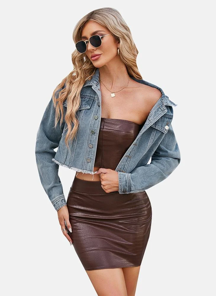 يونيكي Blue Plain Regular Fit Long Sleeve Denim Jacket