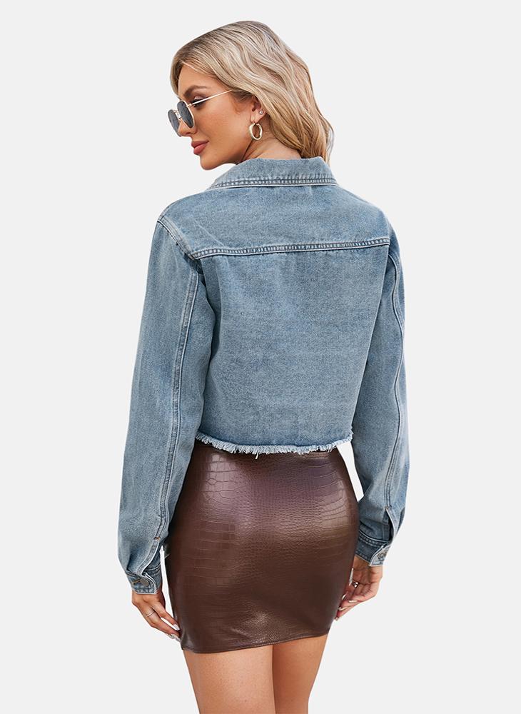 يونيكي Blue Plain Regular Fit Long Sleeve Denim Jacket - Image 5