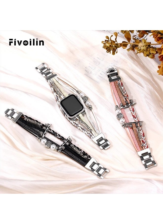 Fivoilin Dressy Leather band Compatible with Apple Watch Band 41mm 40mm 38mm Women, Multilayer Wrap Bracelets Boho Jewelry Replacement Strap Leather Wristband for iWatch Series 7/6/5/4/3/2/1/SE  - Image 2