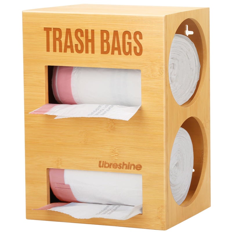 Libreshine Extra Large Bamboo 2in1 Trash Bag Dispenser  Roll Holder  Fits Costco Kirkland  Members Mark Jumbo Rolls WallUnderSinkCabinet Mountable DualSlot Storage for 2 Rolls