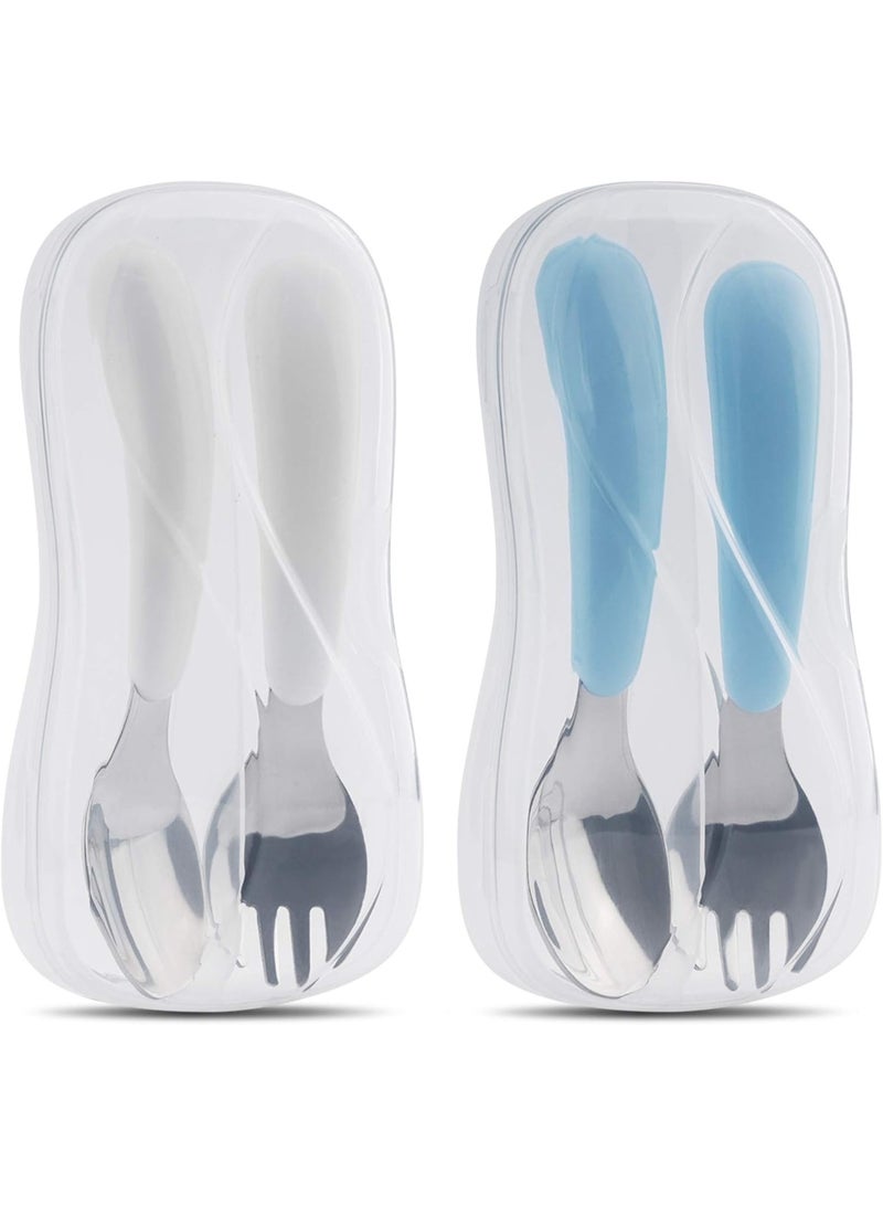 Toddler Utensils, 2 Set Stainless Steel Baby Fork and Spoon Silverware Set, Designed for Self Feeding Flatware Set with Travel Carrying Cases BPA Free (White & Aqua) - Image 1
