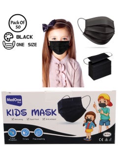 MedOne 50 Pieces 3 Ply Kids Face Mask Disposable Face Mask For Kids Black  - Image 1
