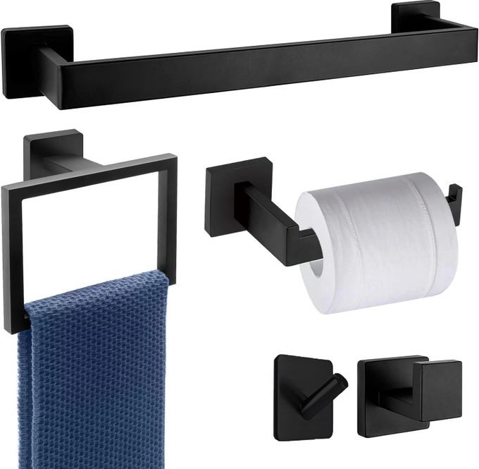 5PCS 236INCH BATHROOM HARDWARE SETINCLUDE 236 TOWEL HOLDER HAND TOWEL RINGTOILET PAPER HOLDER2PCS ROBE HOOKMATTE BLACK