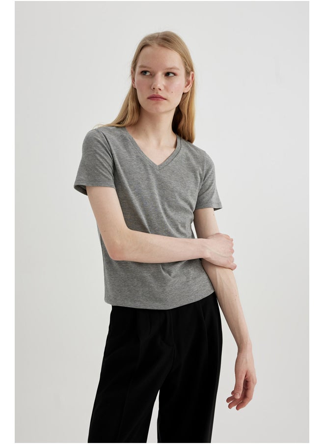 DeFacto - Woman Slim Fit V Neck Knitted Short Sleeve T-Shirt - Image 1