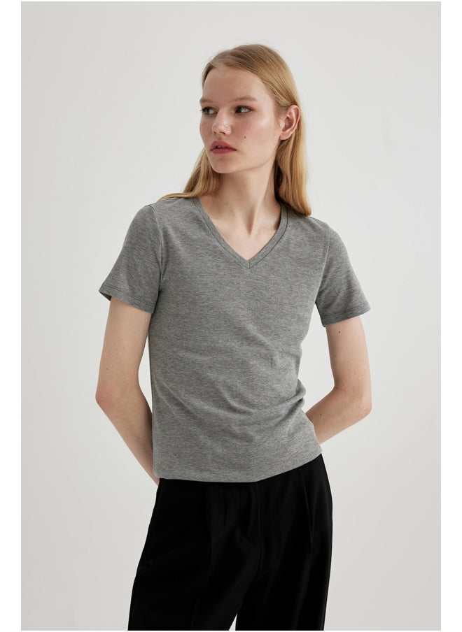 DeFacto - Woman Slim Fit V Neck Knitted Short Sleeve T-Shirt - Image 1