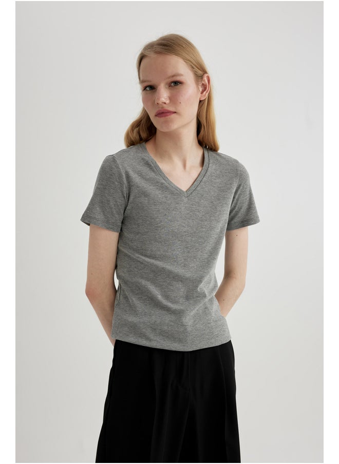 DeFacto - Woman Slim Fit V Neck Knitted Short Sleeve T-Shirt - Image 1