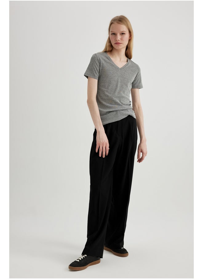DeFacto - Woman Slim Fit V Neck Knitted Short Sleeve T-Shirt - Image 1