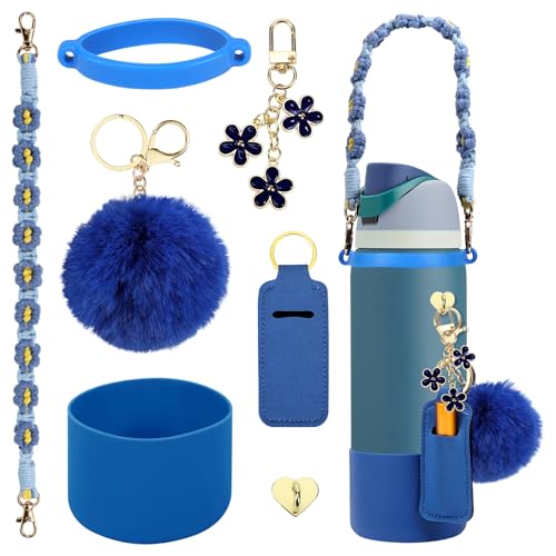 SLEILIN Compatible for Owala Accessories Bundle: Silicone Boot for 24oz & 32oz Bottles, Charms, Handle, Strap, Rubber Bottoms, and Decorative Add-ons for Your Compatible for Owala Water Bottle, Denim - Image 1